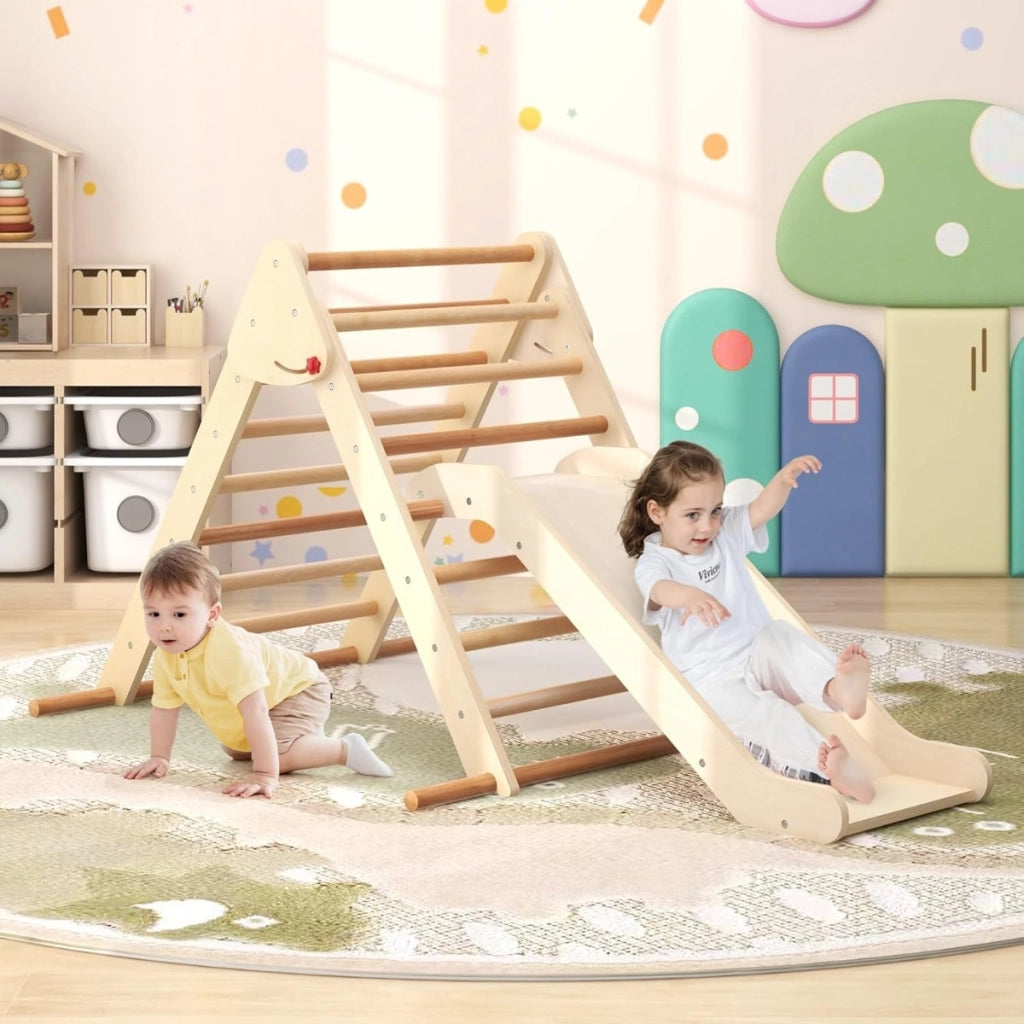 Triangolo di arrampicata pieghevole con rampetta scivolosa, Giocattolo montessori in legno triangolare per bambini  Naturale-Arrampicate e scivoli