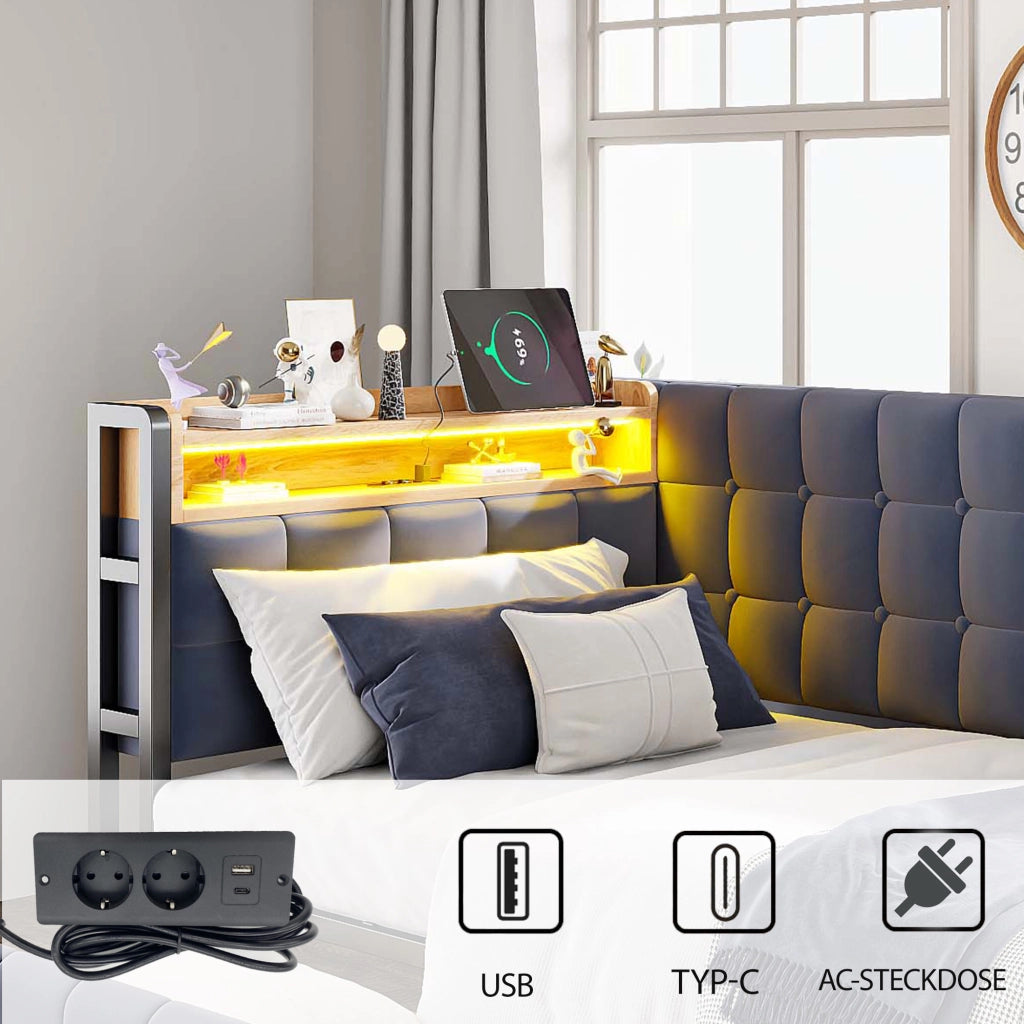 DIVANO LETTO 90x200 cm Imbottito Grigio con 2 cassetti, LED e USB