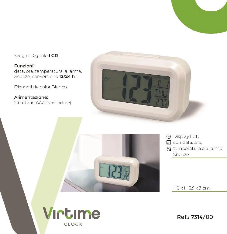 Orologio Sveglia Digitale Schermo LCD con Data e Temperatura 12/24h