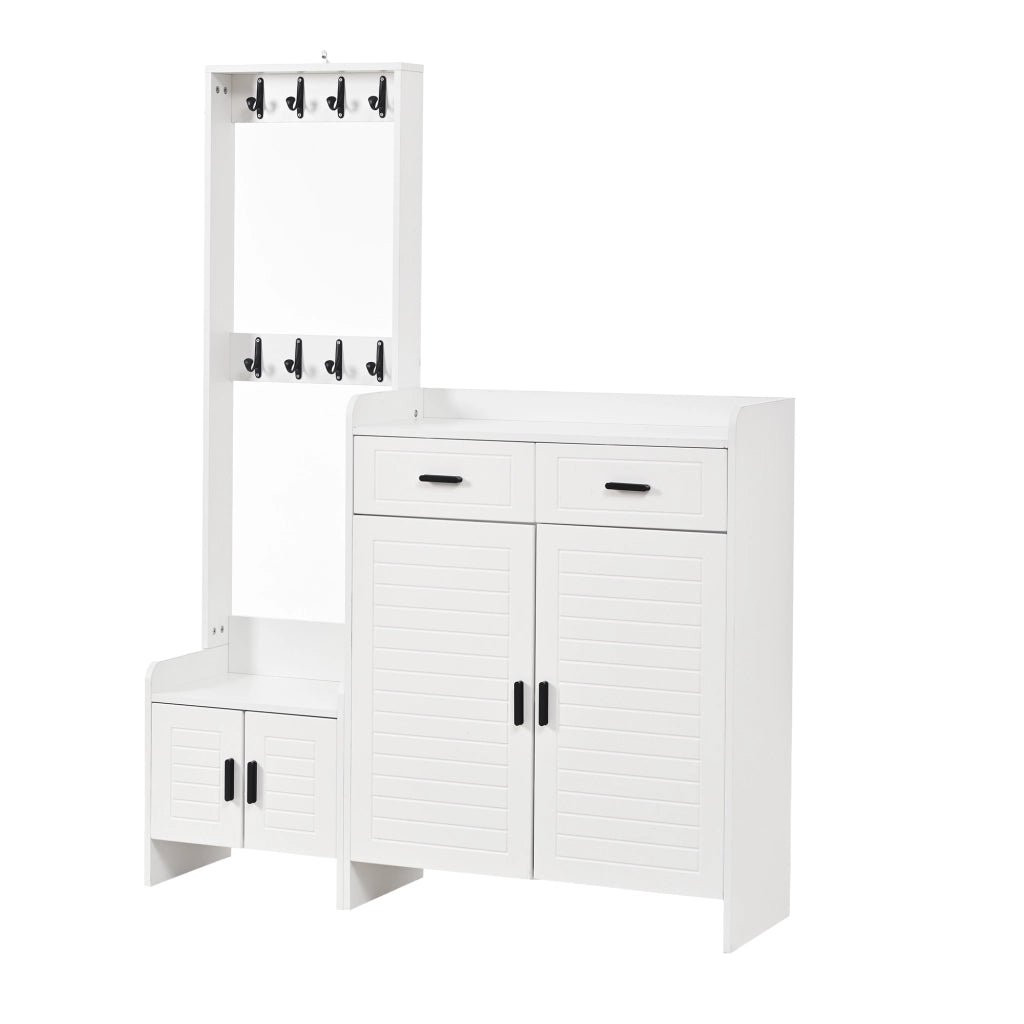 Combinazione di mobile da ingresso, appendiabiti e scarpiera, 2 cassetti, 8 ganci, 125 x 36 x 165 cm, bianco