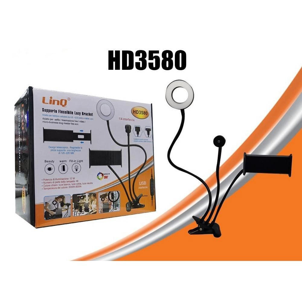 Trade Shop - Supporto Staffa Smartphone A Clip Per Scrivania Luce Ring Led Flessibile Hd3580 -
