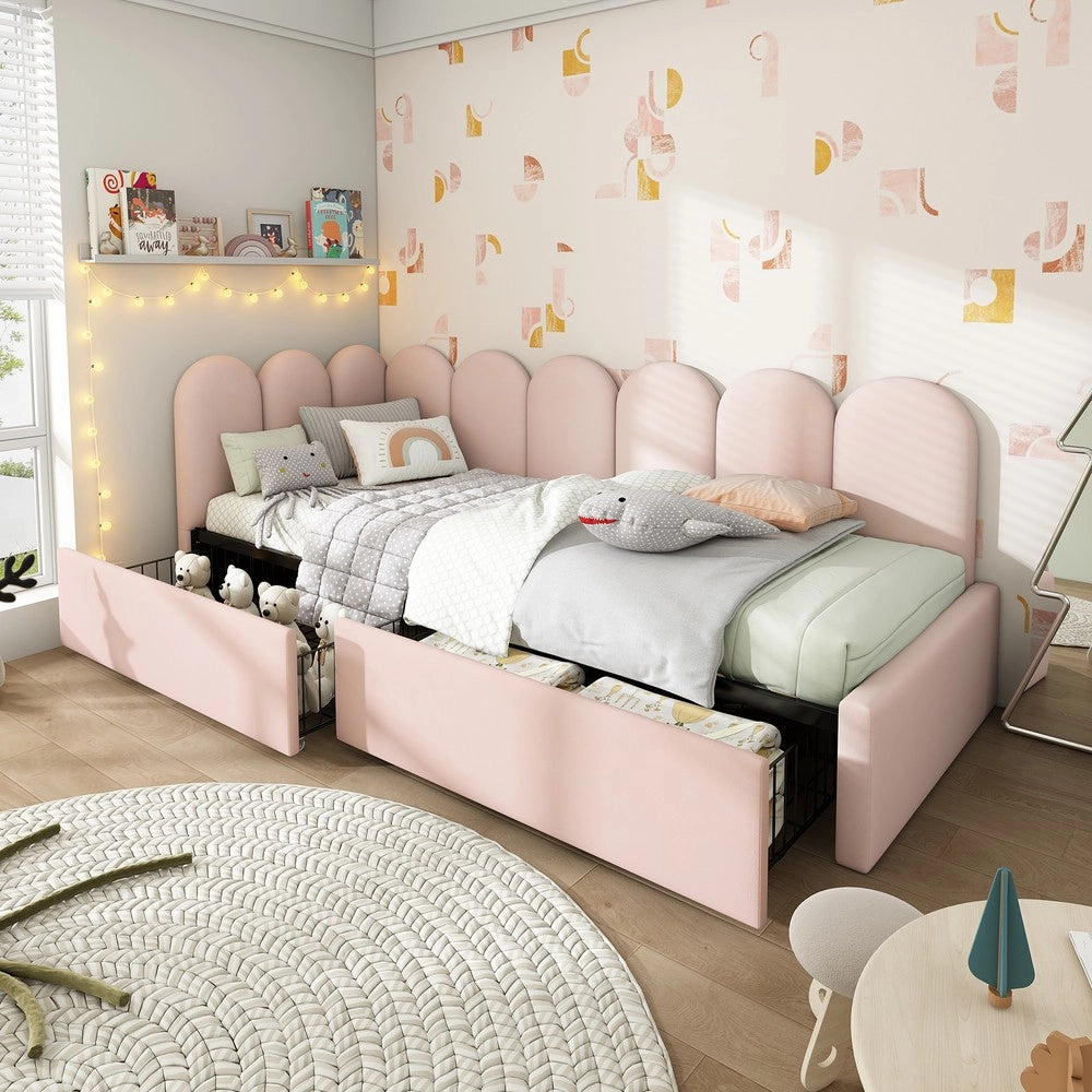 Letto Singolo Imbottito con Cassetti ¨C MINIMAL ¨C Velluto Rosa 90x200