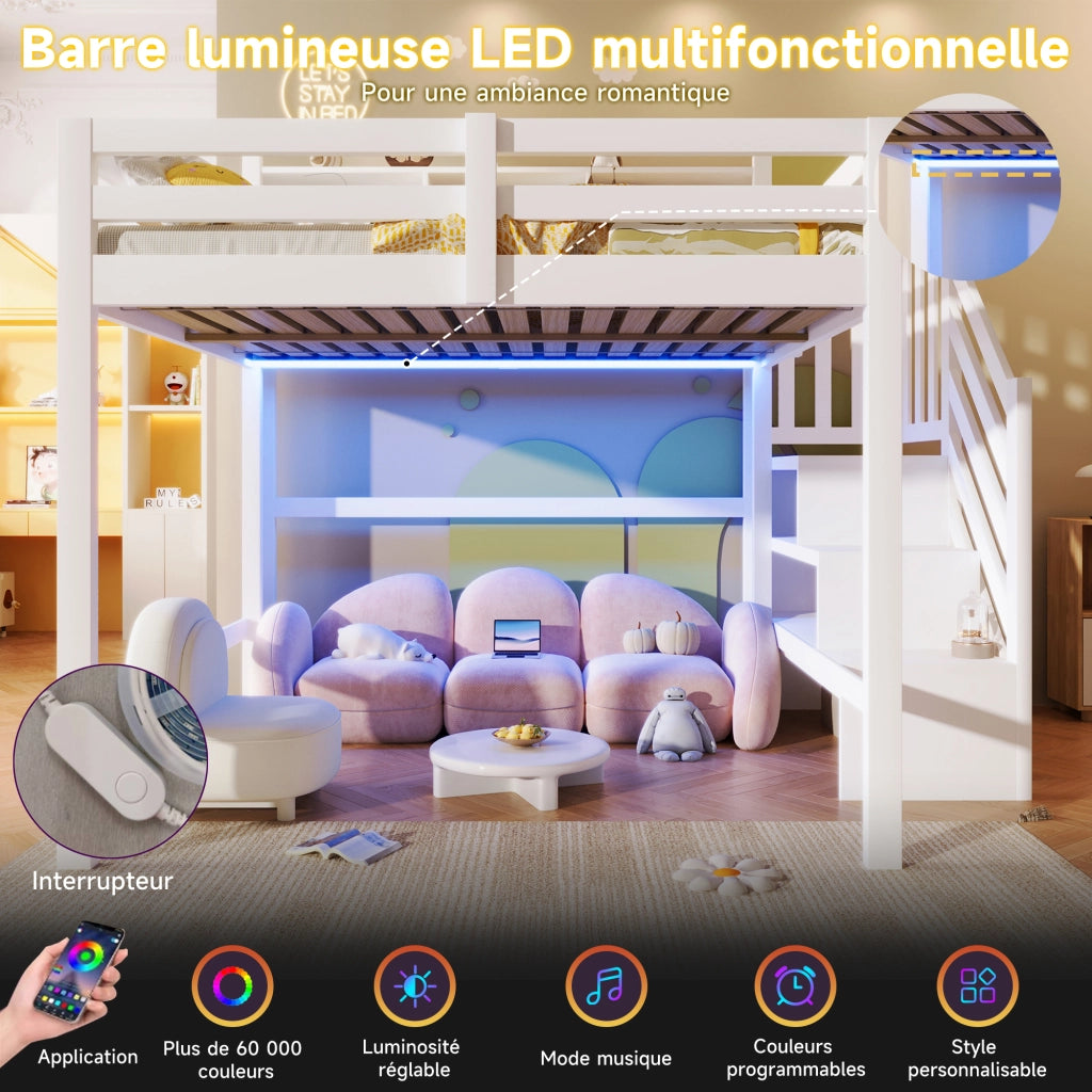 Letto castello 140x200 LED stivaggio scala vano bianco
