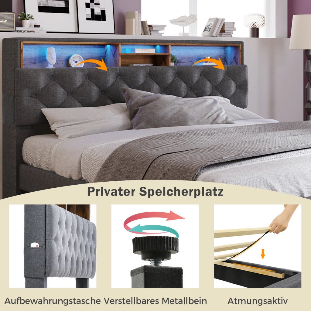 LETTO imbottito 140x200 cm Grigio con testiera contenitore e LED