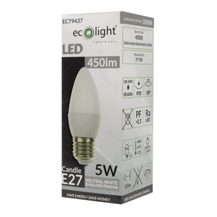 Lampadina LED candela E27 5W 4000K 450lm Ecolight