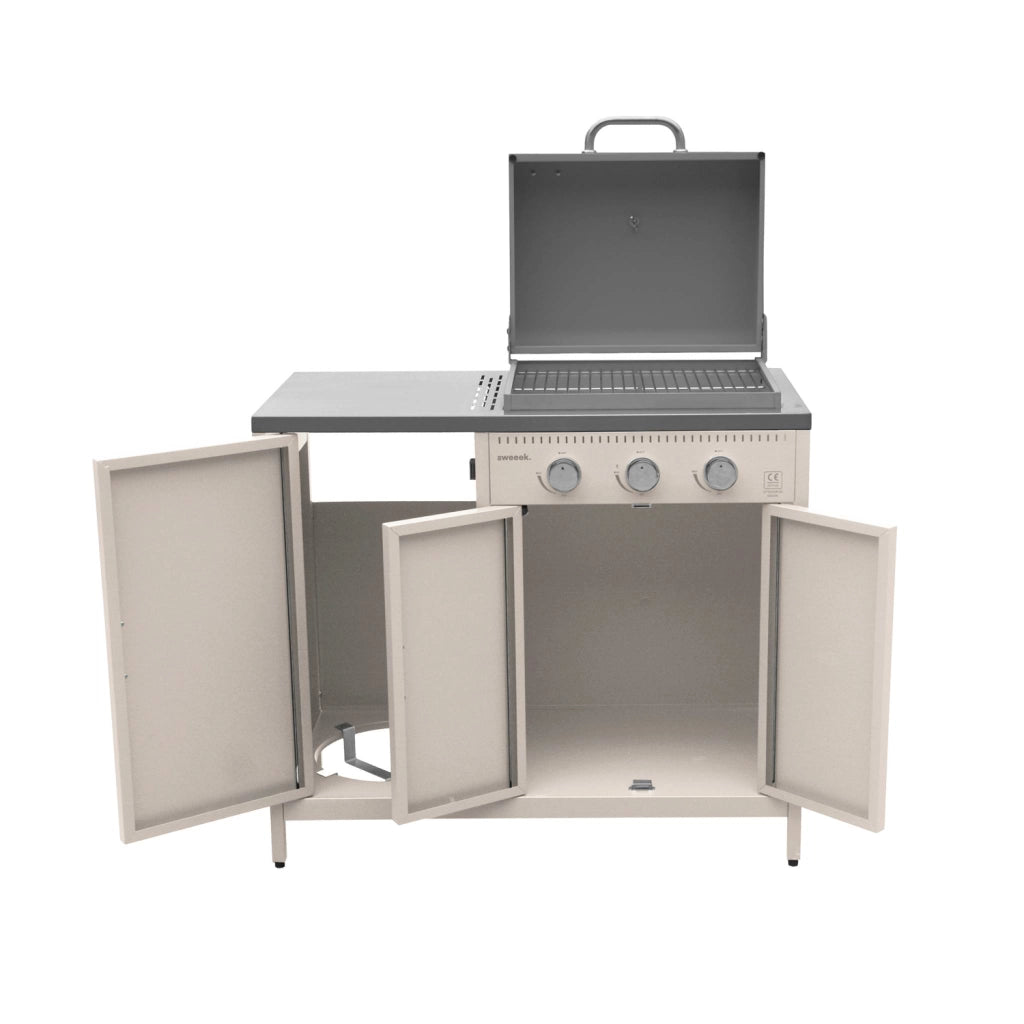 Modulo cucina da esterno in metallo con barbecue a gas a 3 bruciatori,