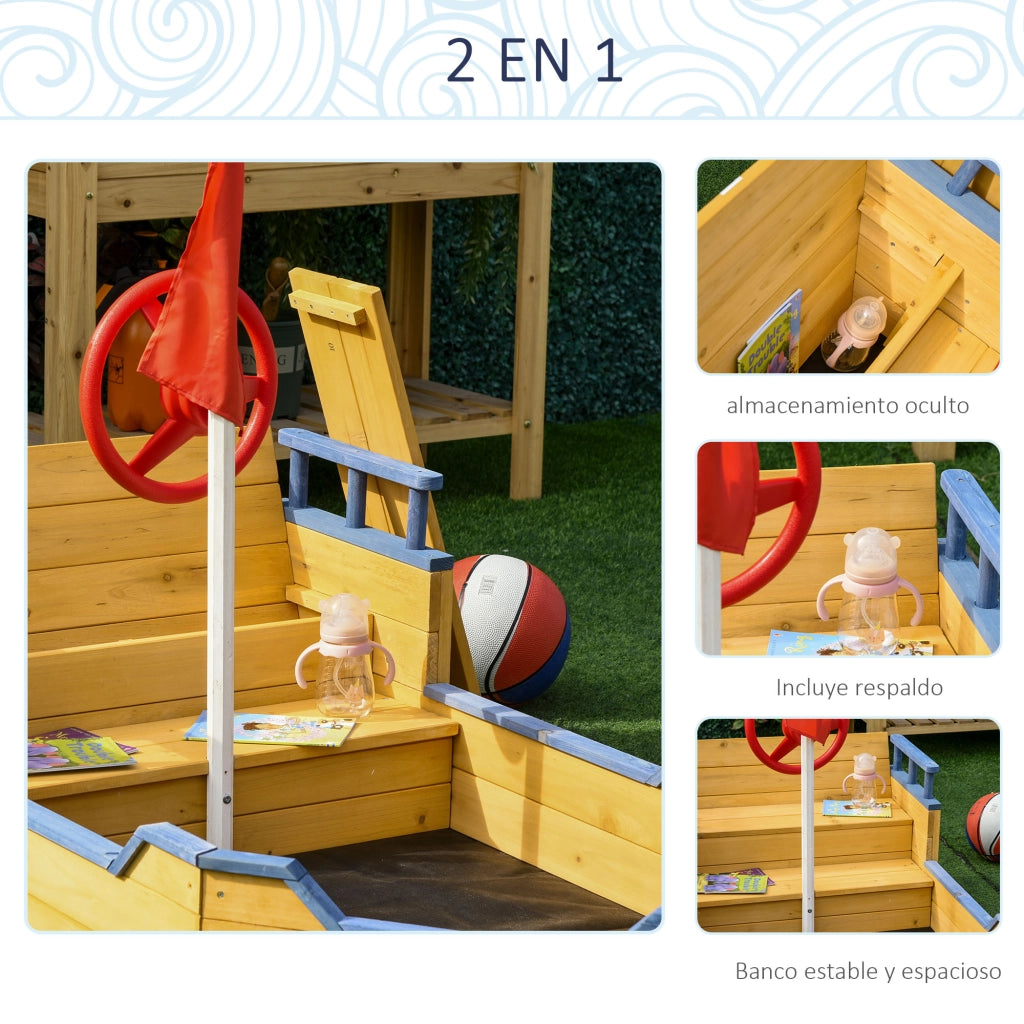 Arenero per Bambini in Legno con Bandiera e Timone ¨C zephmum ¨C Naturale 158x78x45,5 cm