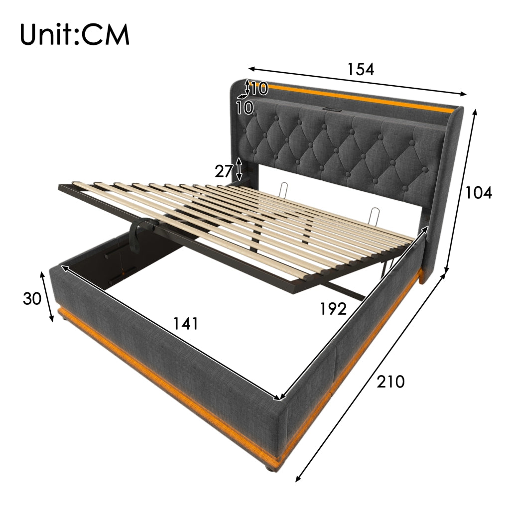 LETTO Imbottito 140x190 cm Grigio in lino con LED, USB e Type-C