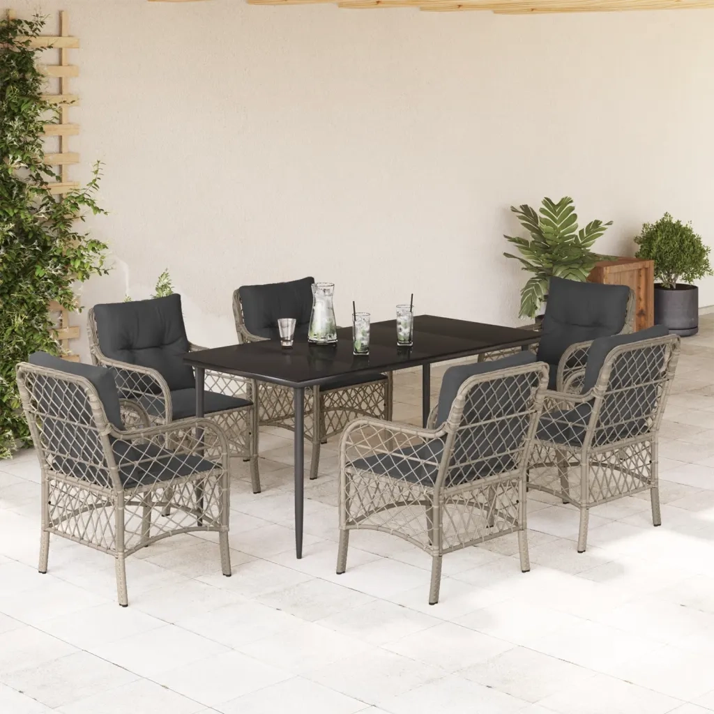 Set da Pranzo da Giardino 7 pz Cuscini Polyrattan Grigio Chiaro 3212170