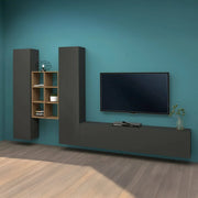 Parete attrezzata Acuto, Set salotto porta TV a 3 ante, Mobile soggiorno multiuso, 100% Made in Italy, cm 320x30h180, Antracite e Acero