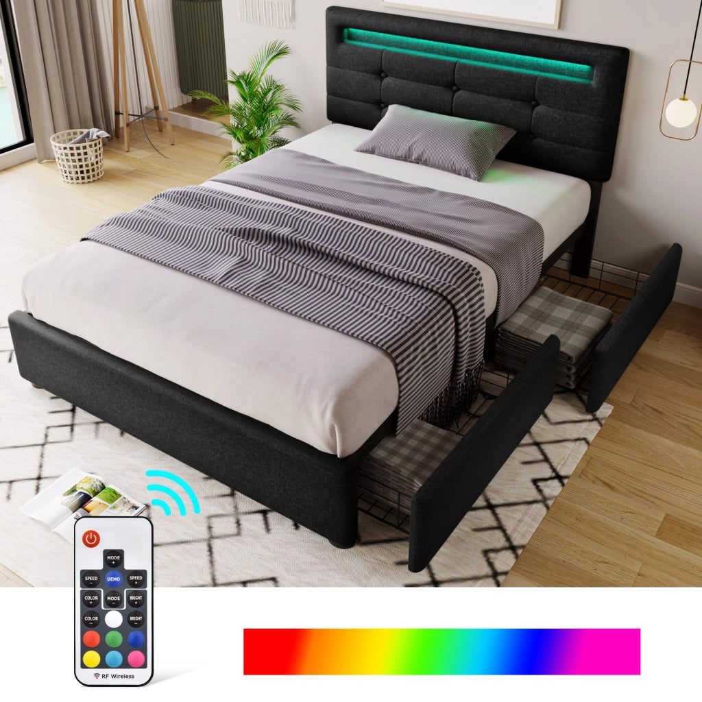 LETTO singolo 90x200 cm con LED, 2 cassetti, lino nero