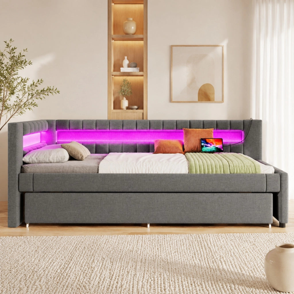 LETTO estraibile 90x200 cm in lino grigio, con LED e USB + Type-C