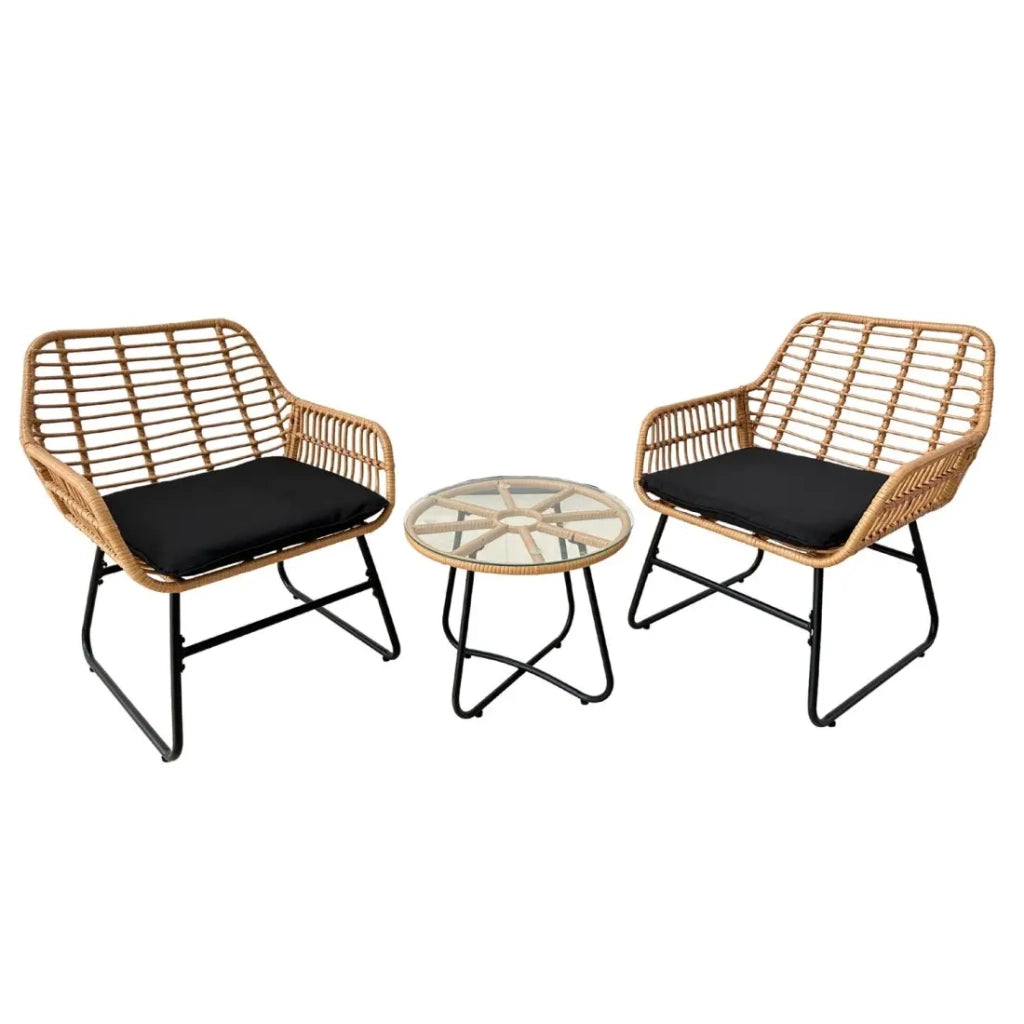 Set da giardino HAVENA 2 posti in rattan marrone con cuscini neri e tavolino