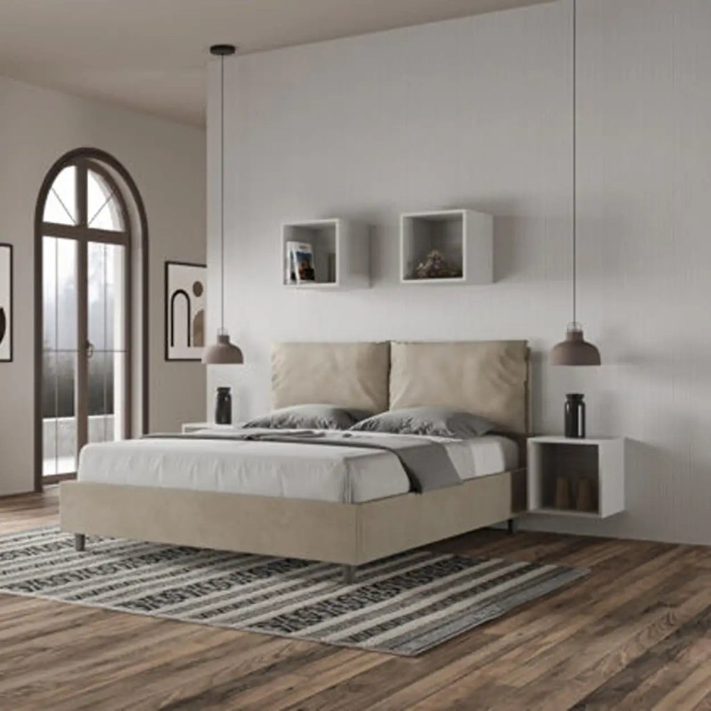 Letto matrimoniale con rete imbottito 160x200 microfibra sabbia Antea