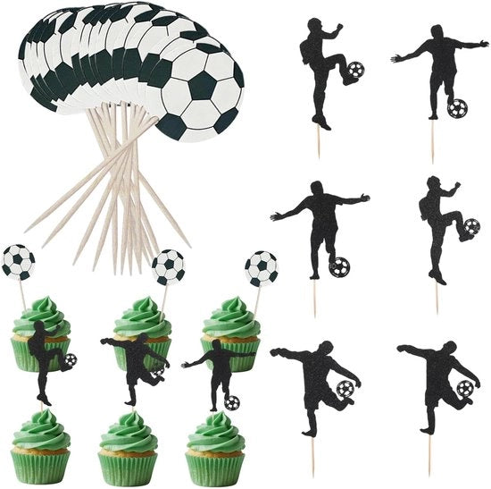 Decorazioni per Torte e Cupcake a forma di Pallone da Calcio da 48 pezzi - Decorazioni per Torte e Cupcake - Decorazioni per Muffin - Festa di Compleanno - Materiale Carta e Legno - Decorazioni per Cupcake a forma di Pallone da Calcio
