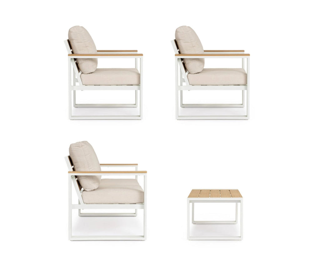 Set 4 Pezzi Salotto da Giardino con Divano 2 Poltrone e Tavolino in Alluminio e Polywood Leandro Bianco e Beige