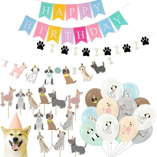 Decorazione di compleanno per cani 27 pezzi - tema cani - decorazione per festa - palloni - top per torta - bandiera - illustrazioni colorate - decorazione per festa cani
