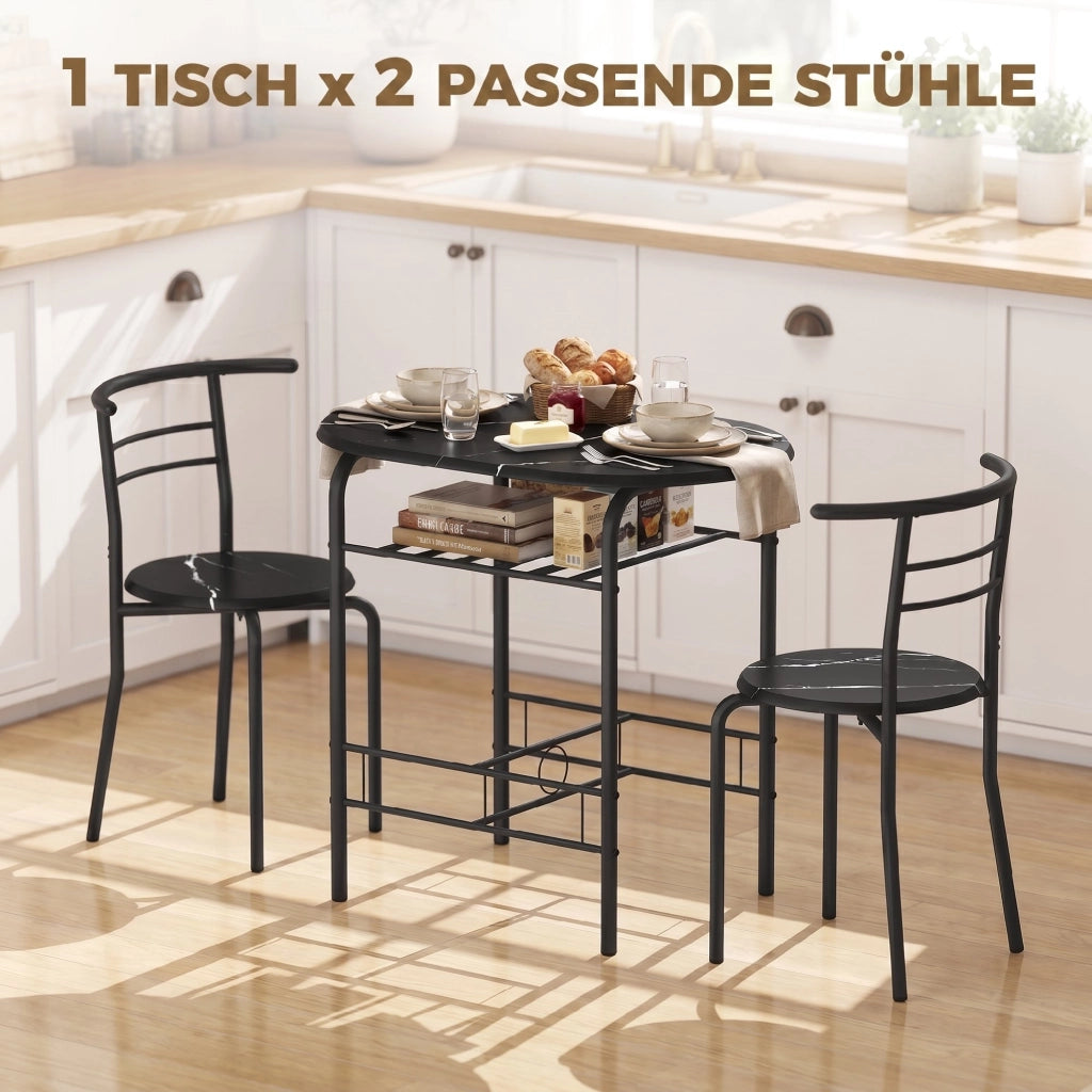 Set tavolo pranzo 3 pezzi con sedie 2 persone scaffale nero effetto marmo ¨C Xylo