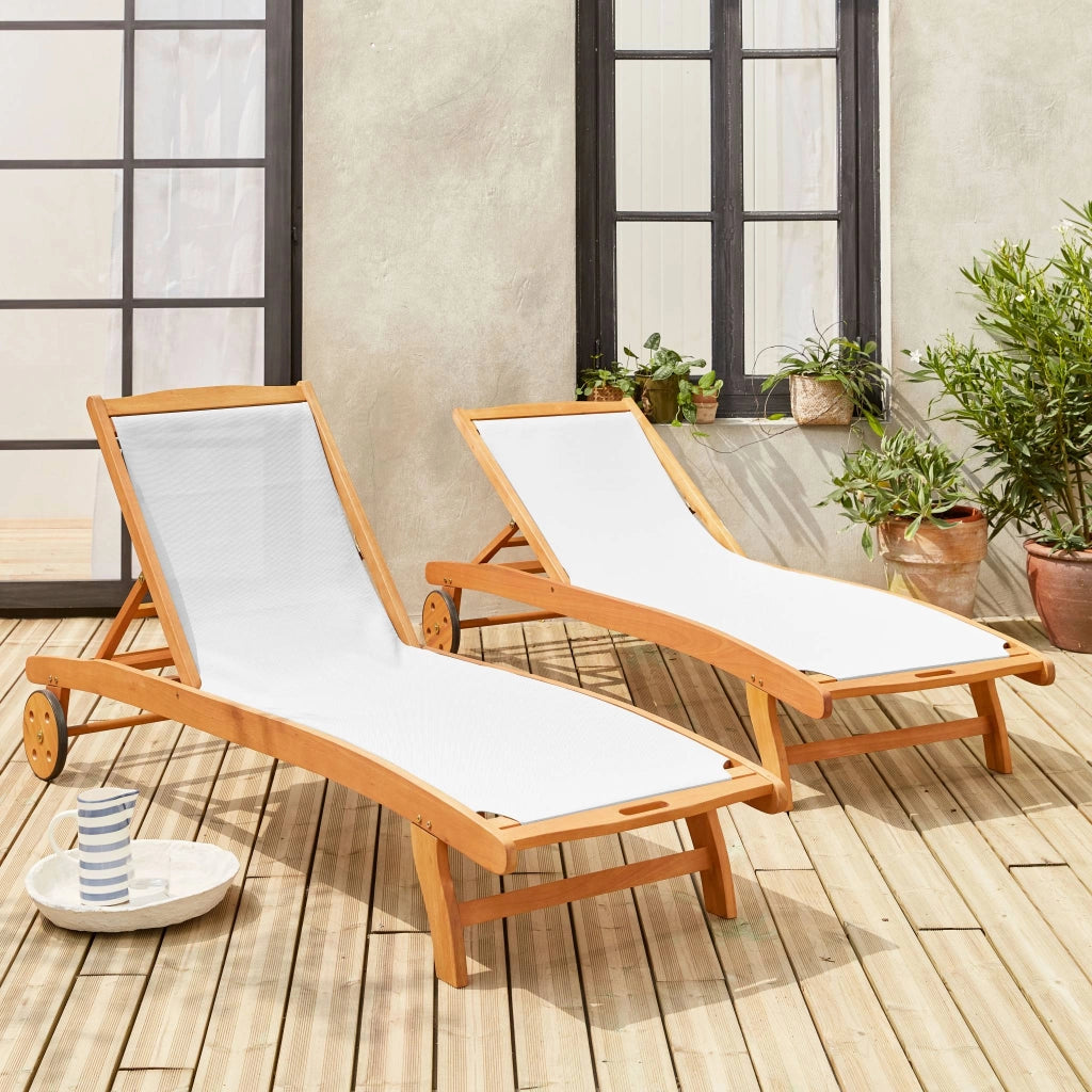 Set 2 lettini prendisole in legno multiposizione con ruote, bianco