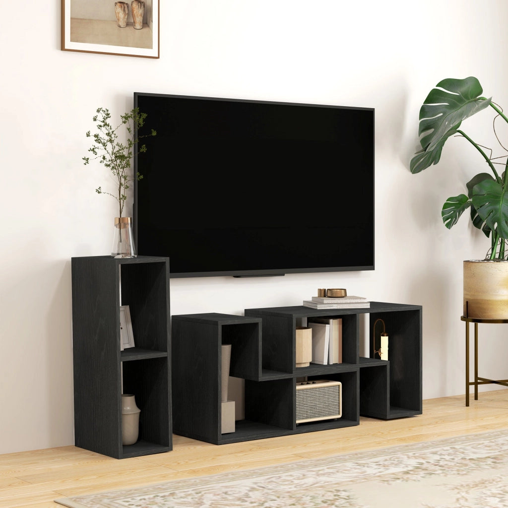 Mobile TV Modulabile 75" Max 134-180x30,5x44 cm con 2 Ripiani a L e Mensola Rettangolare in Legno Nero