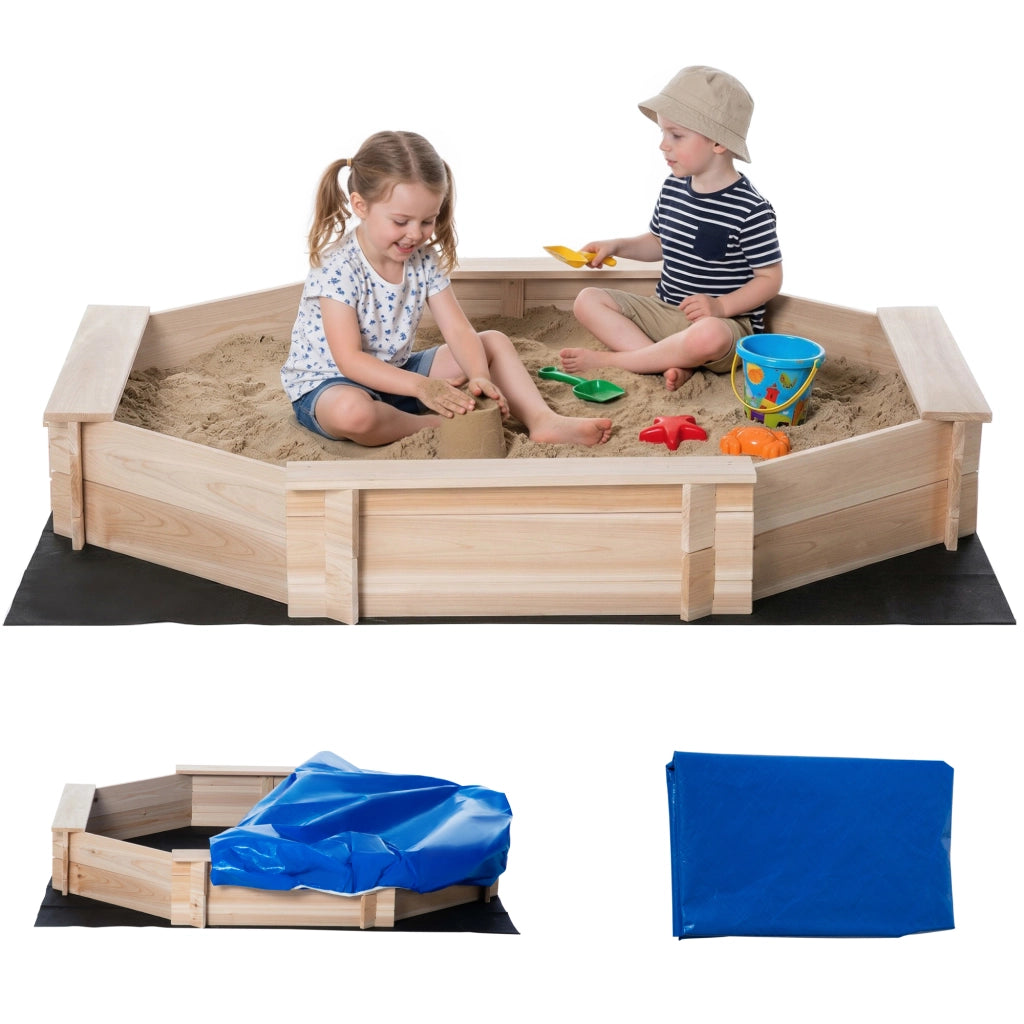 Sabbiera per Bambini con Sedili e Copertura, Et¨¤ 3-8 Anni, 139.5x139.5x21.5cm, Colore Legno