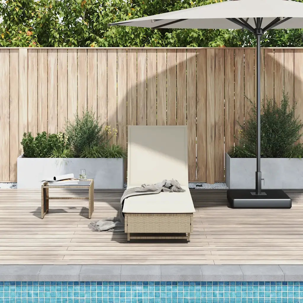 Lettino Prendisole con Ruote e Cuscino in Polyrattan Beige 4104037