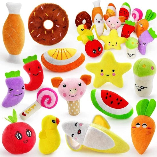 Pacco di 14 snack per cani con peluche di frutta e verdura, giocattoli da morso per cuccioli di piccoli cani