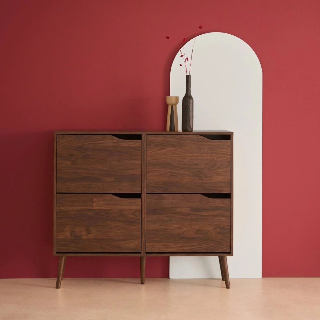 Scarpiera con decoro effetto legno, 4 ante, noce