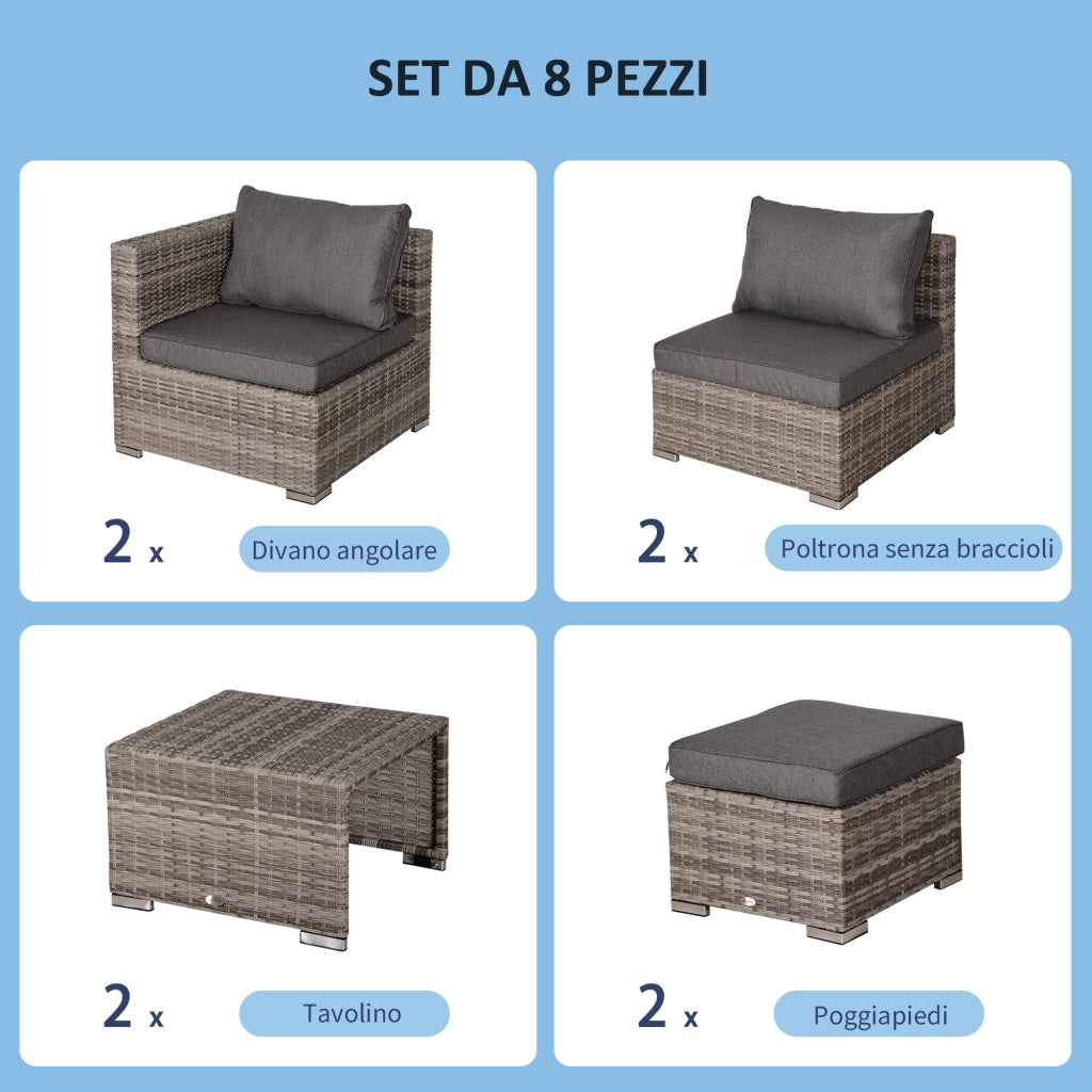Set Salotto da Giardino 8 Pezzi ¨C Xylo ¨C Polyrattan Grigio con Poltrone Tavolini Sgabelli Salvaspazio