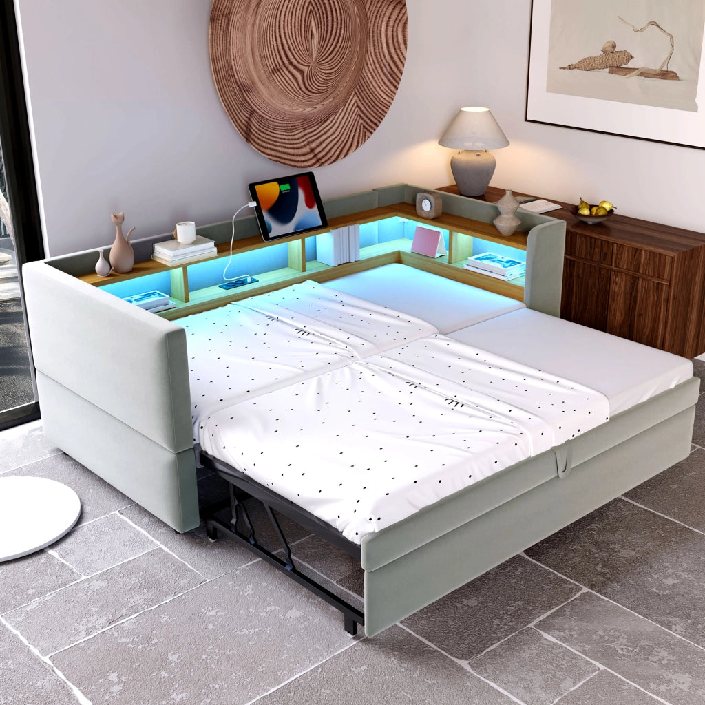 DIVANO LETTO Estraibile 90/180 x 190 cm Grigio Chiaro con LED e prese