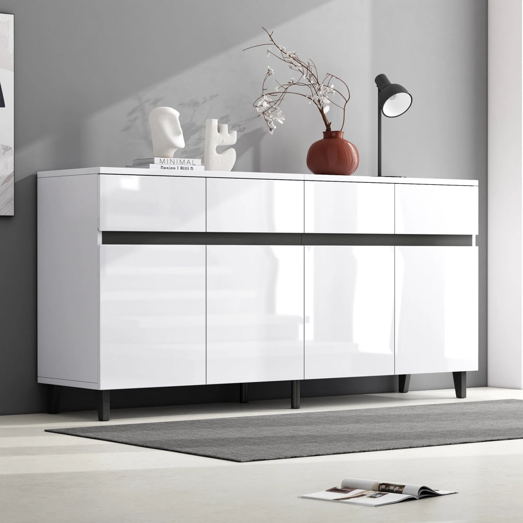 Sideboard bianco lucido con 4 cassetti, 2 ante e ripiani regolabili, 160 x 40 x 68 cm