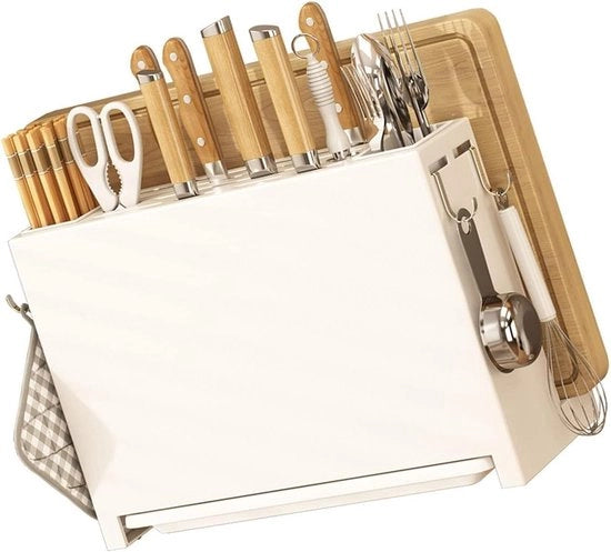 Organizzatore multifunzionale per cucina con contenitore a pressione e supporto per coltelli.