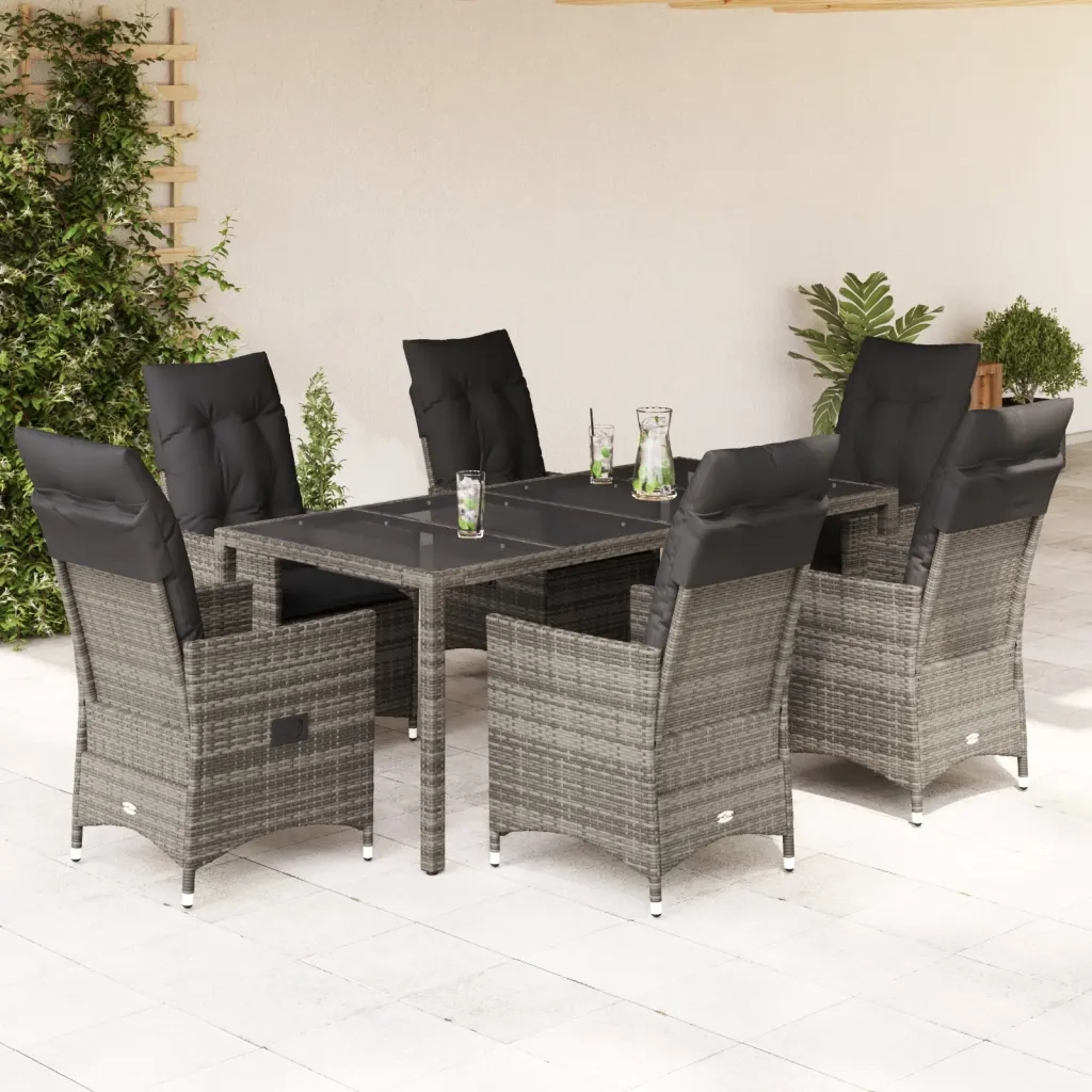 Set da Pranzo da Giardino 7 pz con Cuscini in Polyrattan Grigio