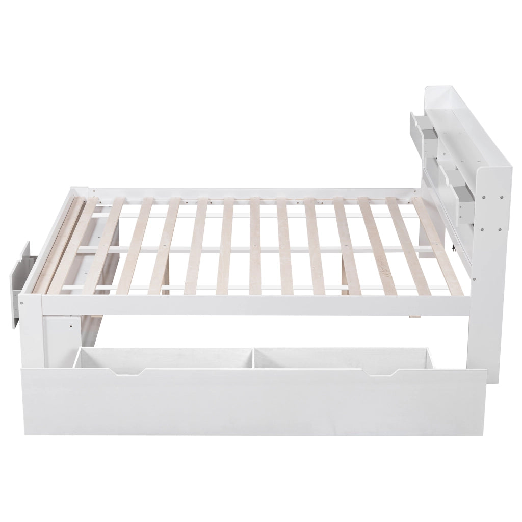 Letto doppio - Zephmum - 140x190cm - Bianco - USB, cassetti, armadio