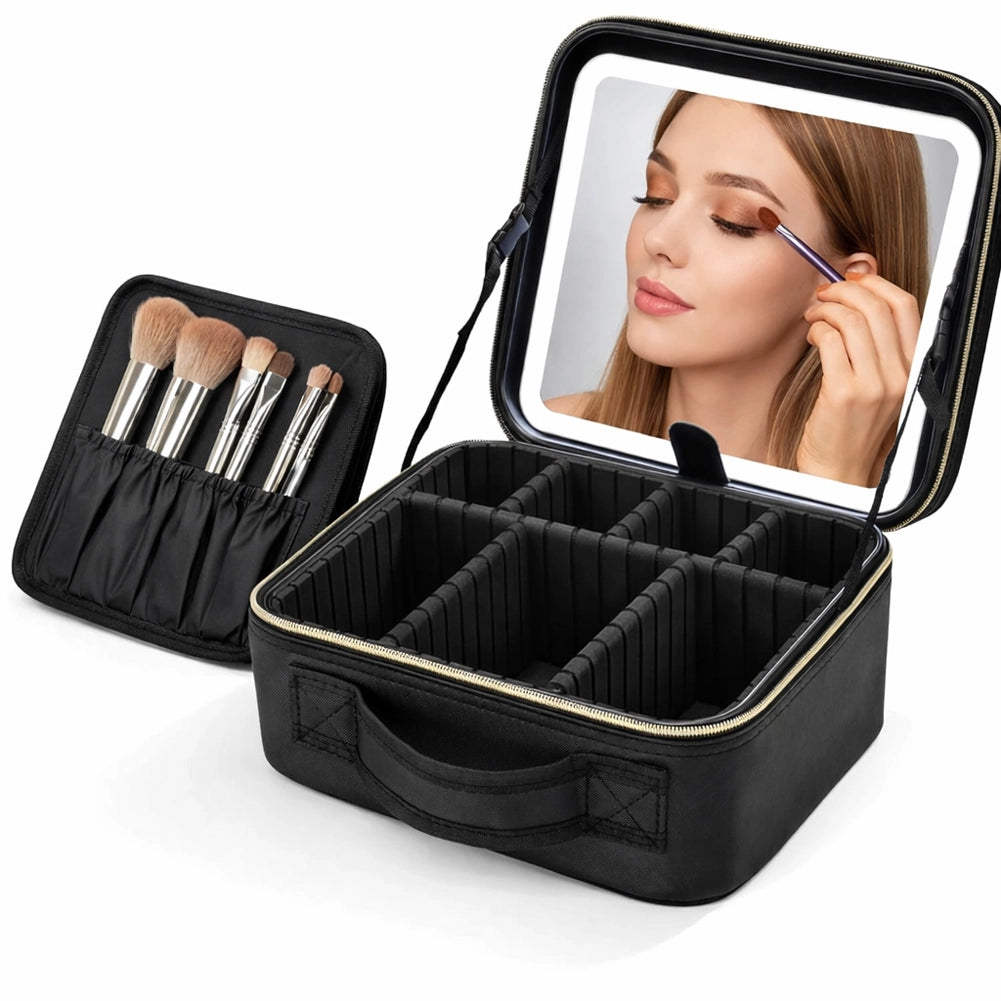 Borsa Nera Porta Trucchi con Led Specchio ed Illuminazione Organizer Scomparti