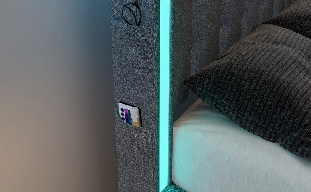 Letto Imbottito con LED, USB e 2 Cassetti ¨C MINIMAL ¨C Grigio 90x200 Singolo