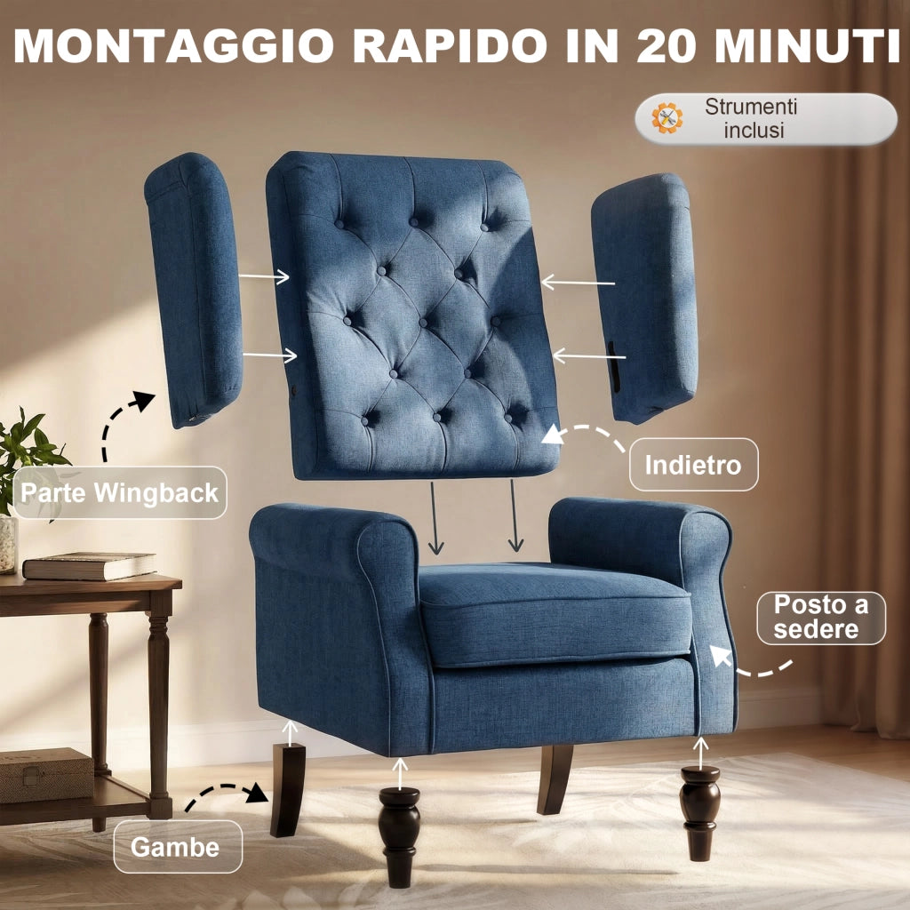 Poltrona Relax in Velluto Blu con Cuscini ¨C Minimal ¨C 74x86x102 cm