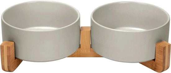 Piatto per Cani Ceramico a Doppio con Sedia in Bambù per Gatti e Cani 850 ml Grigio