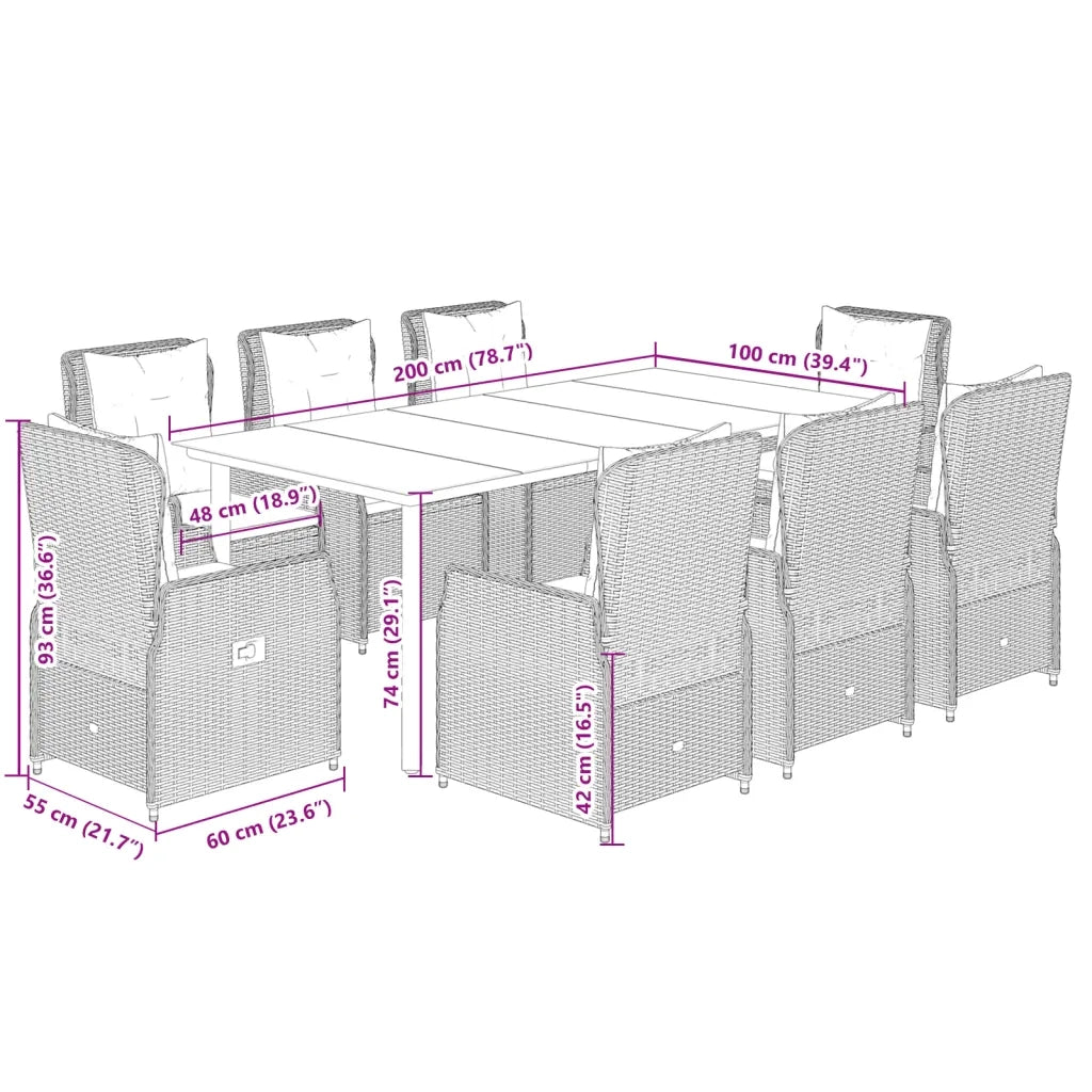 Set da Pranzo da Giardino 9 pz con Cuscini Beige in Polyrattan 3262881