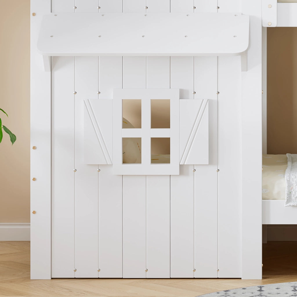 LETTO A CASTELLO per bambini 90x200 cm Bianco con finestre e tetto