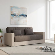 Divano letto Arix, Divano letto contenitore a 3 posti in ecopelle e tessuto, Sofà\  da soggiorno con apertura click-clack e 2 cuscini inclusi, 230 x96h101 cm, Beige e Grigio