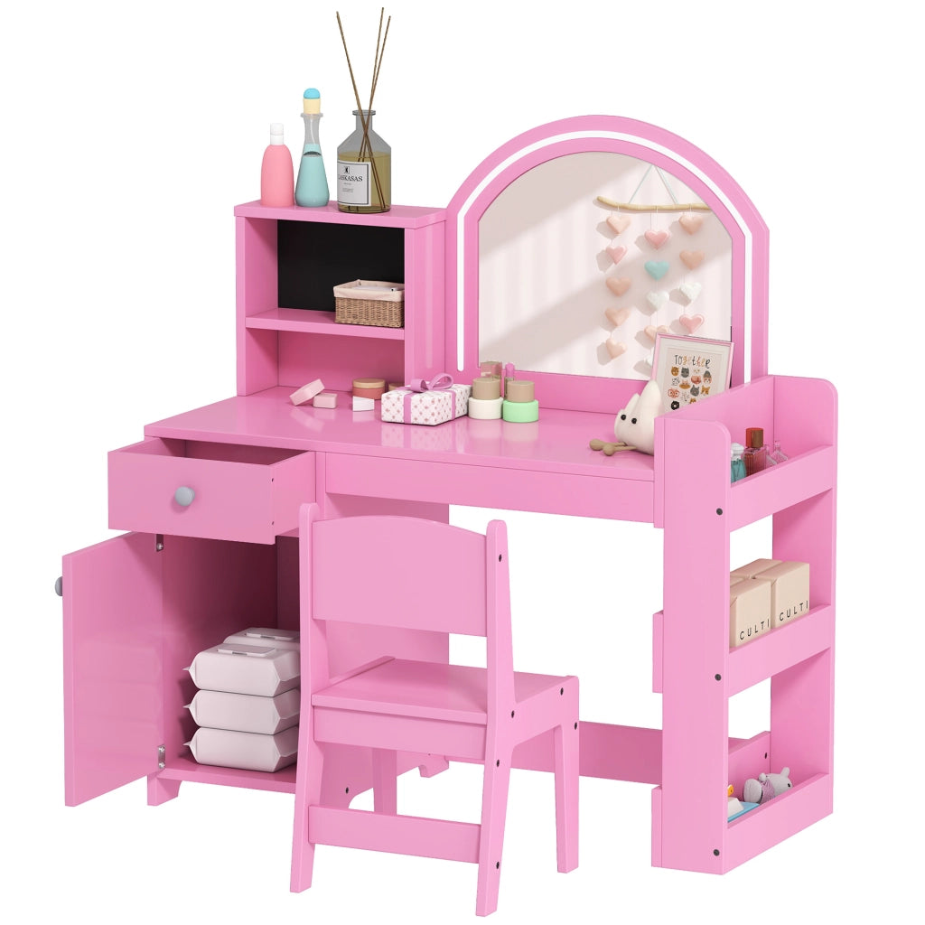 Set toeletta trucco per bambini con specchio, sedia, scaffali e libreria ¨C Minimal ¨C rosa