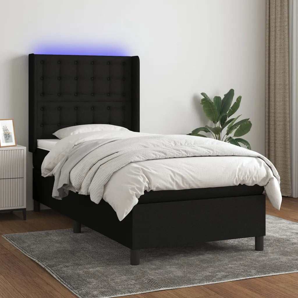Letto a Molle con Materasso e LED Nero 90x200 cm in Tessuto