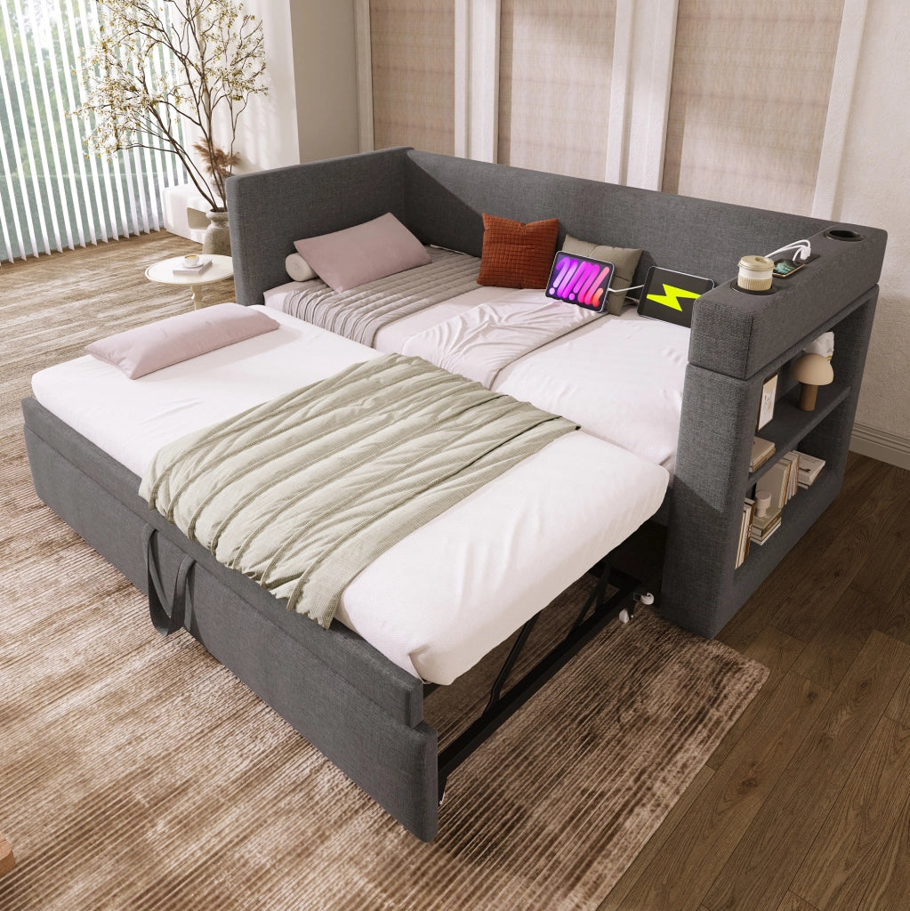 Divano letto estraibile 90x190 cm con USB, portabicchieri e vani laterali