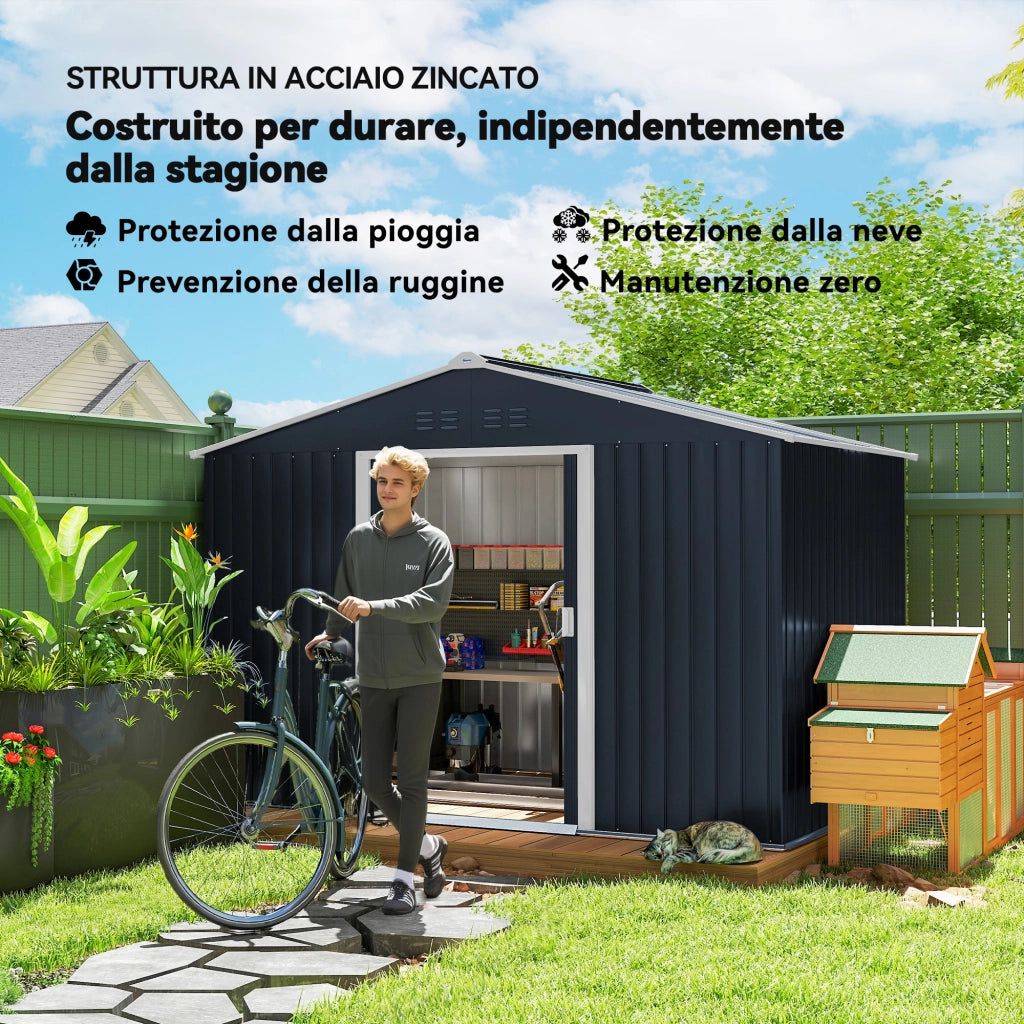 Casetta Porta Attrezzi in Acciaio con Tetto Inclinato e 2 Porte Scorrevoli ¨C zephmum ¨C Grigio Scuro 277x195x192 cm