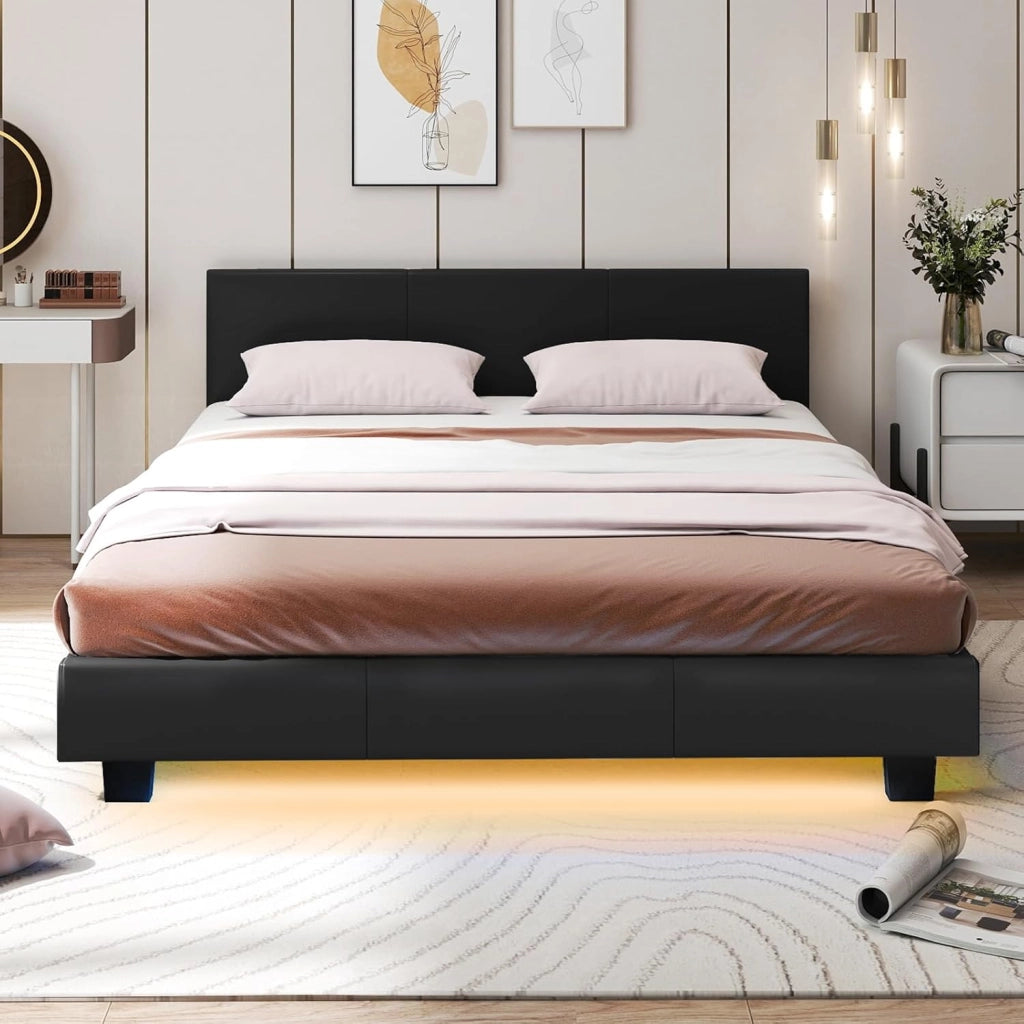Letto Matrimoniale in Legno, Struttura per Letto Con Testiera Imbottita Luce LED Multicolore e Telecomando, Carico 200 kg, Silenzioso (Nero)