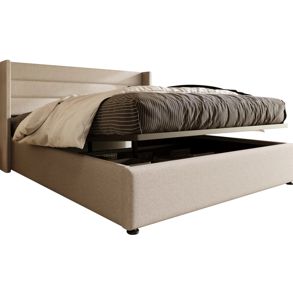 Letto contenitore 160x200 cm; idraulico con testiera imbottita; lino; beige (Senza materasso)