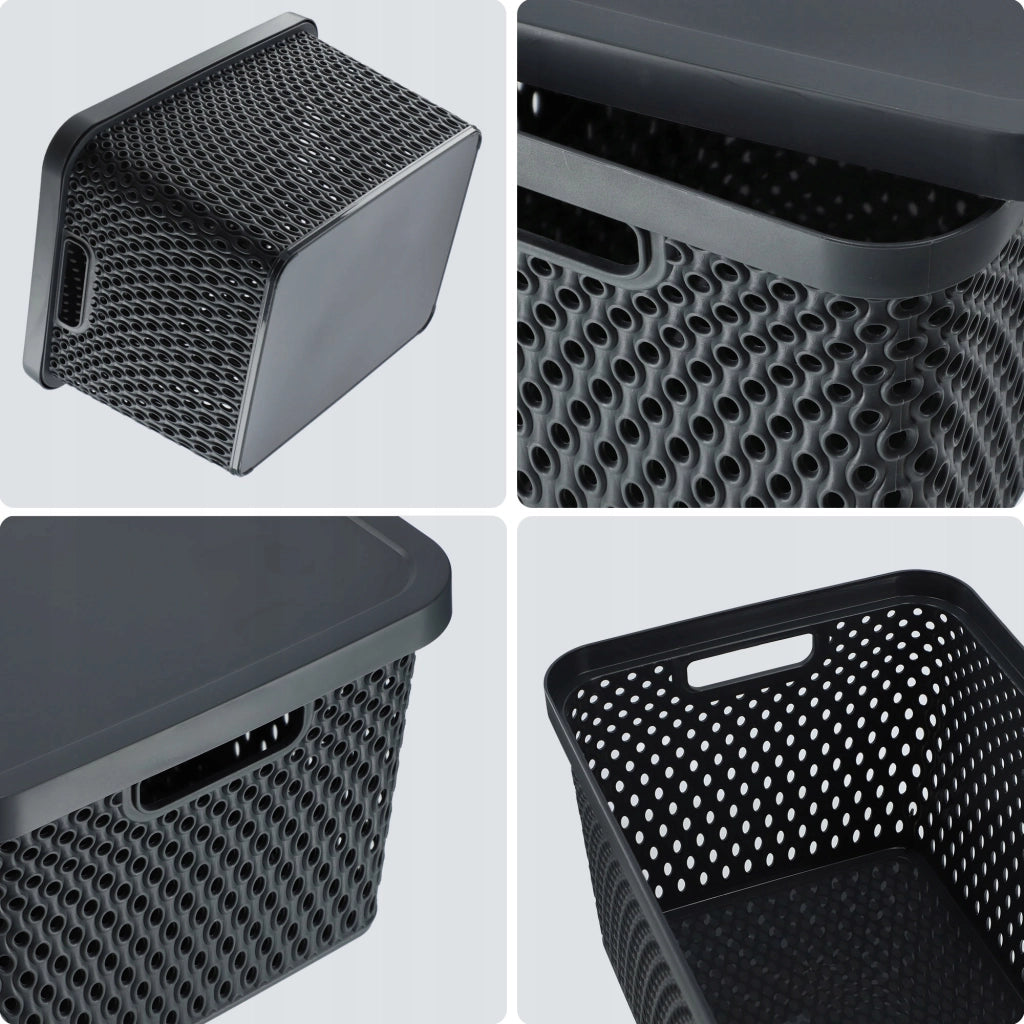 Set di 3 cestini in plastica KADAX con coperchio, colore grigio.