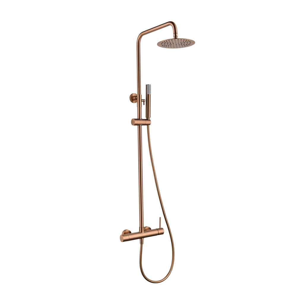 IMEX Colonna doccia monocomando serie Monza in ottone oro rosa spazzolato, soffione anticalcare Ø20 cm, cartuccia ceramica Ø35 mm, asta estensibile, tubo e maniglia, Imex-BDM039-ORC