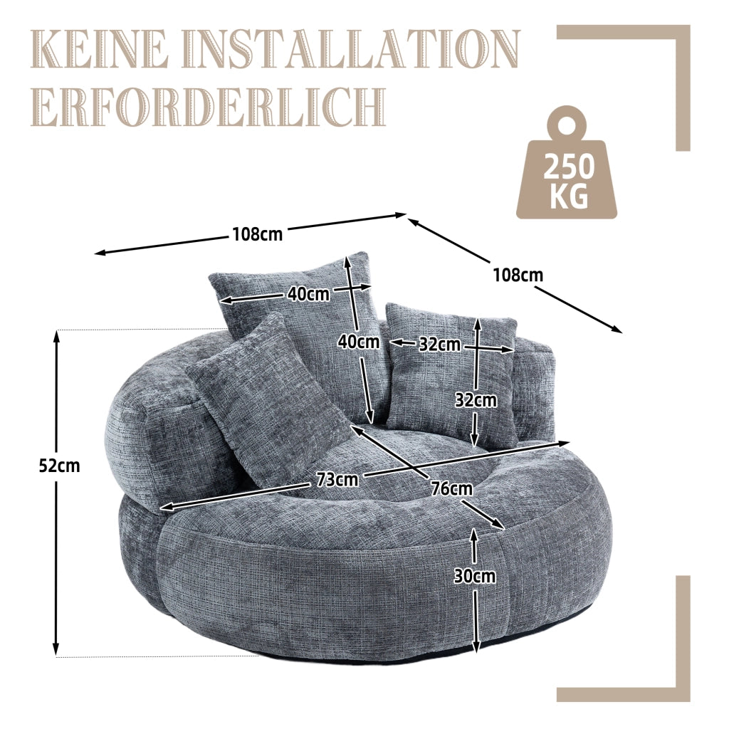 Poltrona Pouf da Soggiorno con Schienale Alto e Braccioli; Sedia Gaming Relax in Ciniglia Grigio 108 × 108 × 52 cm
